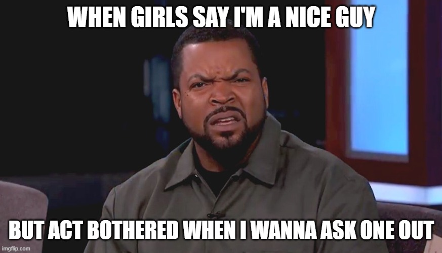 Really? Ice Cube | WHEN GIRLS SAY I'M A NICE GUY; BUT ACT BOTHERED WHEN I WANNA ASK ONE OUT | image tagged in really ice cube | made w/ Imgflip meme maker