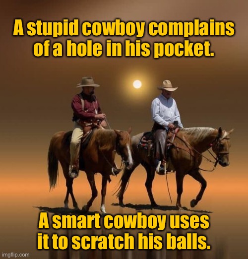 Two cowboys | A stupid cowboy complains of a hole in his pocket. A smart cowboy uses it to scratch his balls. | image tagged in two cowboys,stupid cowboy complains,hole in pocket,smart cowboys use it,scratch their balls | made w/ Imgflip meme maker