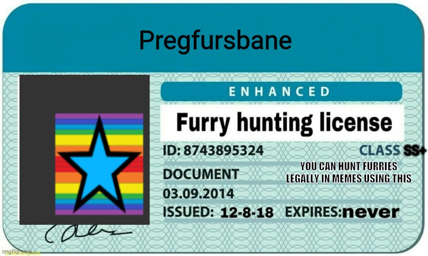 furry hunting license | Pregfursbane SS+ YOU CAN HUNT FURRIES LEGALLY IN MEMES USING THIS | image tagged in furry hunting license | made w/ Imgflip meme maker