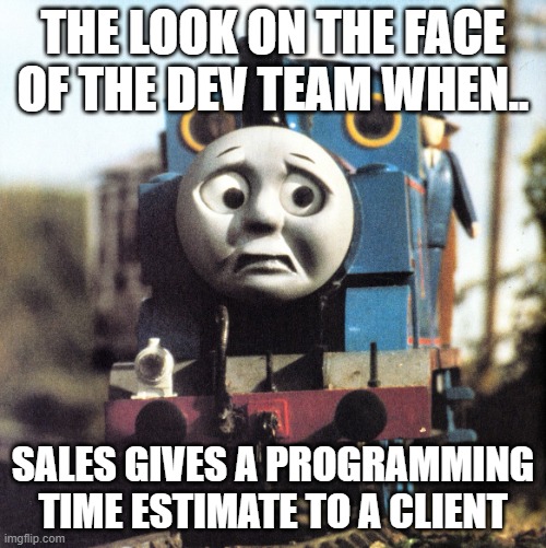 Programming Deadlines | THE LOOK ON THE FACE OF THE DEV TEAM WHEN.. SALES GIVES A PROGRAMMING TIME ESTIMATE TO A CLIENT | image tagged in thomas worried | made w/ Imgflip meme maker