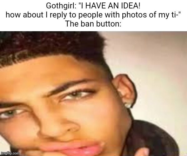 . | Gothgirl: "I HAVE AN IDEA! how about I reply to people with photos of my ti-"
The ban button: | image tagged in pie charts | made w/ Imgflip meme maker