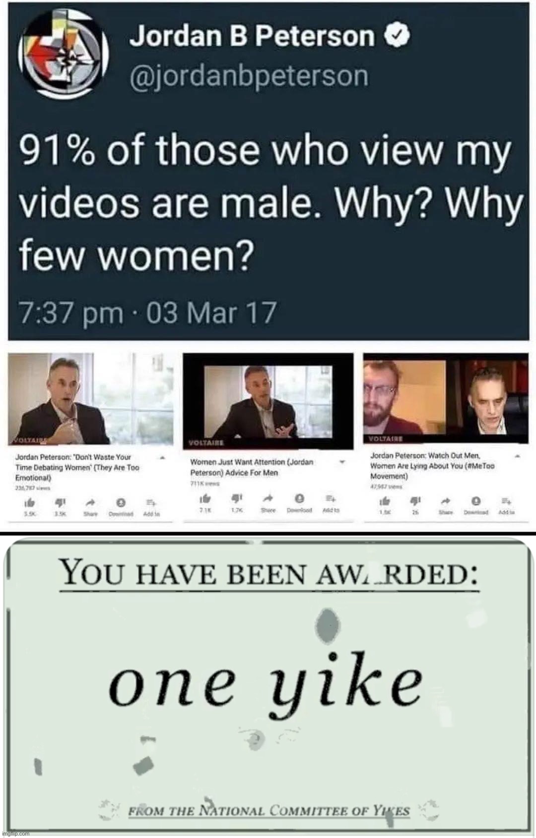 image tagged in jordan peterson why few women,you have been awarded one yike | made w/ Imgflip meme maker
