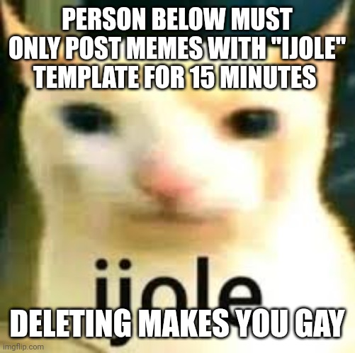 ijole | PERSON BELOW MUST ONLY POST MEMES WITH "IJOLE" TEMPLATE FOR 15 MINUTES; DELETING MAKES YOU GAY | image tagged in ijole | made w/ Imgflip meme maker