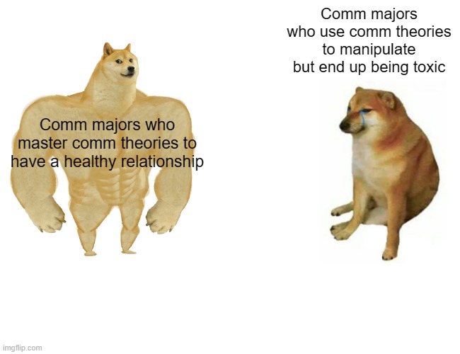 communication major | Comm majors who use comm theories to manipulate but end up being toxic; Comm majors who master comm theories to have a healthy relationship | image tagged in memes,buff doge vs cheems | made w/ Imgflip meme maker