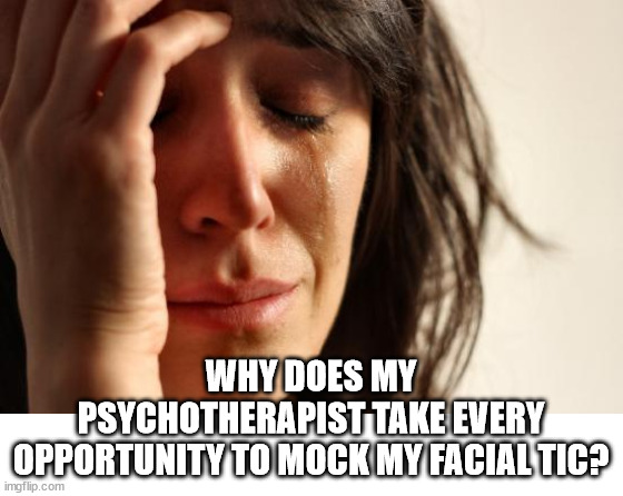 First World Problems Meme | WHY DOES MY
PSYCHOTHERAPIST TAKE EVERY OPPORTUNITY TO MOCK MY FACIAL TIC? | image tagged in memes,first world problems | made w/ Imgflip meme maker