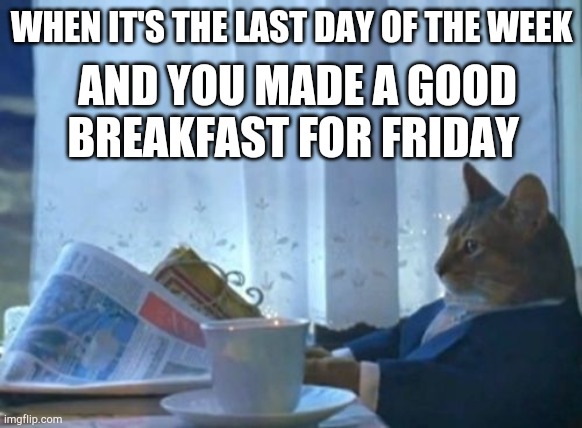 I Should Buy A Boat Cat Meme | WHEN IT'S THE LAST DAY OF THE WEEK; AND YOU MADE A GOOD BREAKFAST FOR FRIDAY | image tagged in memes,i should buy a boat cat | made w/ Imgflip meme maker