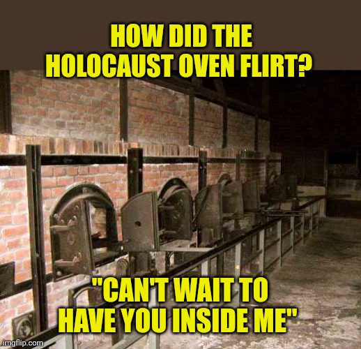 Flirty Oven | HOW DID THE HOLOCAUST OVEN FLIRT? "CAN'T WAIT TO HAVE YOU INSIDE ME" | image tagged in holocaust ovens,flirt | made w/ Imgflip meme maker