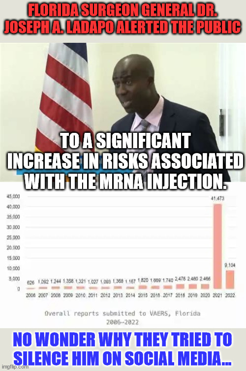 They can't allow the truth to come out... | FLORIDA SURGEON GENERAL DR. JOSEPH A. LADAPO ALERTED THE PUBLIC; TO A SIGNIFICANT INCREASE IN RISKS ASSOCIATED WITH THE MRNA INJECTION. NO WONDER WHY THEY TRIED TO SILENCE HIM ON SOCIAL MEDIA... | image tagged in covid vaccine,lies,media lies,big pharma,greed | made w/ Imgflip meme maker