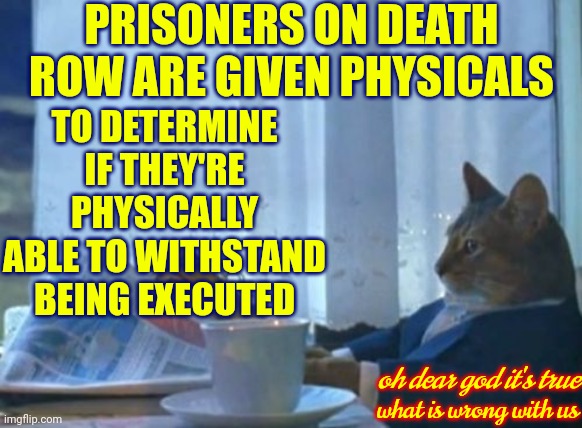 If One Group Of Us, OUR LAW MAKERS AND POLITICIANS, Are Stupid We're ALL Stupid | PRISONERS ON DEATH ROW ARE GIVEN PHYSICALS; TO DETERMINE IF THEY'RE PHYSICALLY ABLE TO WITHSTAND BEING EXECUTED; oh dear god it's true; what is wrong with us | image tagged in memes,i should buy a boat cat,special kind of stupid,republicans,clown car republicans,stupid laws | made w/ Imgflip meme maker