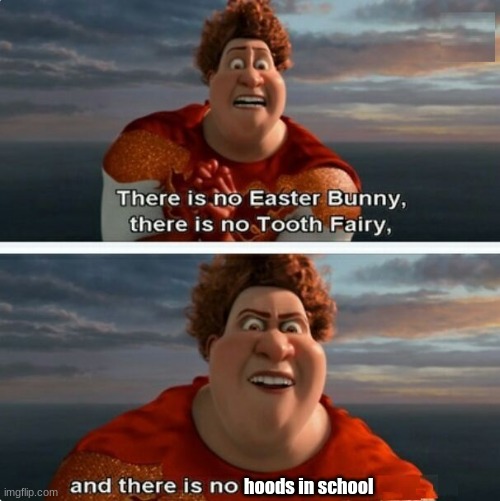 I DONT KNOW WHY ITS A RULE | hoods in school | image tagged in tighten megamind there is no easter bunny,memes,school | made w/ Imgflip meme maker