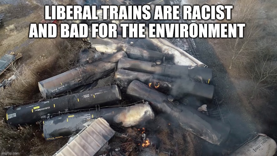 LIBERAL TRAINS ARE RACIST AND BAD FOR THE ENVIRONMENT | image tagged in funny memes | made w/ Imgflip meme maker