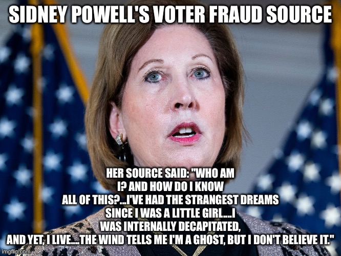 Whackjob | SIDNEY POWELL'S VOTER FRAUD SOURCE; HER SOURCE SAID: "WHO AM I? AND HOW DO I KNOW
ALL OF THIS?...I'VE HAD THE STRANGEST DREAMS SINCE I WAS A LITTLE GIRL....I WAS INTERNALLY DECAPITATED, AND YET, I LIVE....THE WIND TELLS ME I'M A GHOST, BUT I DON'T BELIEVE IT." | image tagged in sidney powell | made w/ Imgflip meme maker