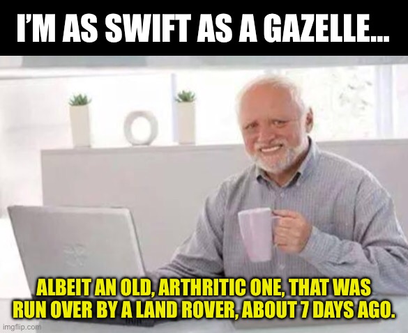 It’s tough to get old | I’M AS SWIFT AS A GAZELLE…; ALBEIT AN OLD, ARTHRITIC ONE, THAT WAS RUN OVER BY A LAND ROVER, ABOUT 7 DAYS AGO. | image tagged in harold | made w/ Imgflip meme maker