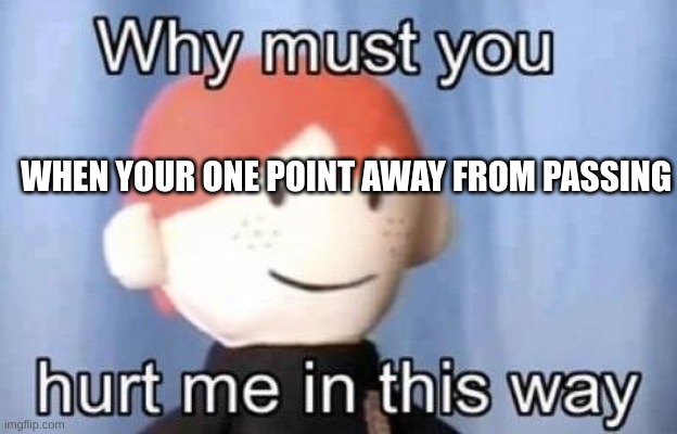 why must you hurt me this way | WHEN YOUR ONE POINT AWAY FROM PASSING | image tagged in why must you hurt me this way | made w/ Imgflip meme maker