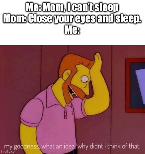my goodness what an idea why didn't I think of that | Me: Mom, I can’t sleep
Mom: Close your eyes and sleep.
Me: | image tagged in my goodness what an idea why didn't i think of that | made w/ Imgflip meme maker