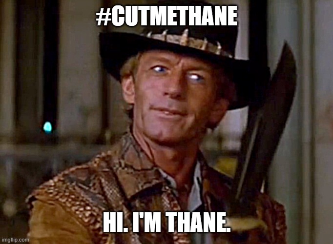 Crocodile Dundee Knife | #CUTMETHANE; HI. I'M THANE. | image tagged in crocodile dundee knife | made w/ Imgflip meme maker