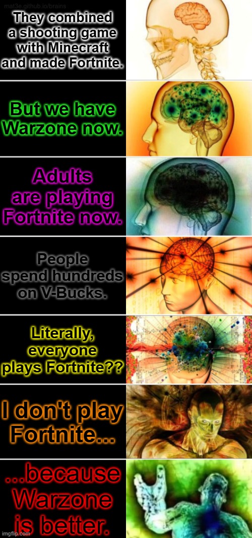 warzone is better. | They combined a shooting game with Minecraft and made Fortnite. But we have Warzone now. Adults are playing Fortnite now. People spend hundreds on V-Bucks. Literally, everyone plays Fortnite?? I don't play Fortnite... ...because Warzone is better. | image tagged in 7-tier expanding brain,is fortnite actually overrated,warzone | made w/ Imgflip meme maker