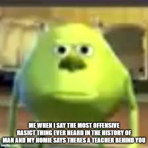 wrd | ME WHEN I SAY THE MOST OFFENSIVE RASICT THING EVER HEARD IN THE HISTORY OF MAN AND MY HOMIE SAYS THERES A TEACHER BEHIND YOU | image tagged in monsters goofy,funny,funny memes | made w/ Imgflip meme maker