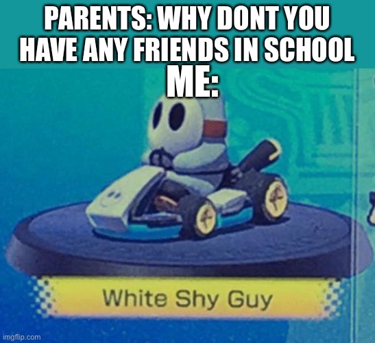 White shy guy | PARENTS: WHY DONT YOU HAVE ANY FRIENDS IN SCHOOL; ME: | image tagged in white shy guy | made w/ Imgflip meme maker