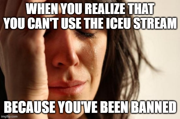 First World Problems Meme | WHEN YOU REALIZE THAT YOU CAN'T USE THE ICEU STREAM BECAUSE YOU'VE BEEN BANNED | image tagged in memes,first world problems | made w/ Imgflip meme maker