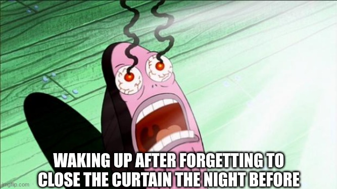 Spongebob My Eyes | WAKING UP AFTER FORGETTING TO CLOSE THE CURTAIN THE NIGHT BEFORE | image tagged in spongebob my eyes | made w/ Imgflip meme maker