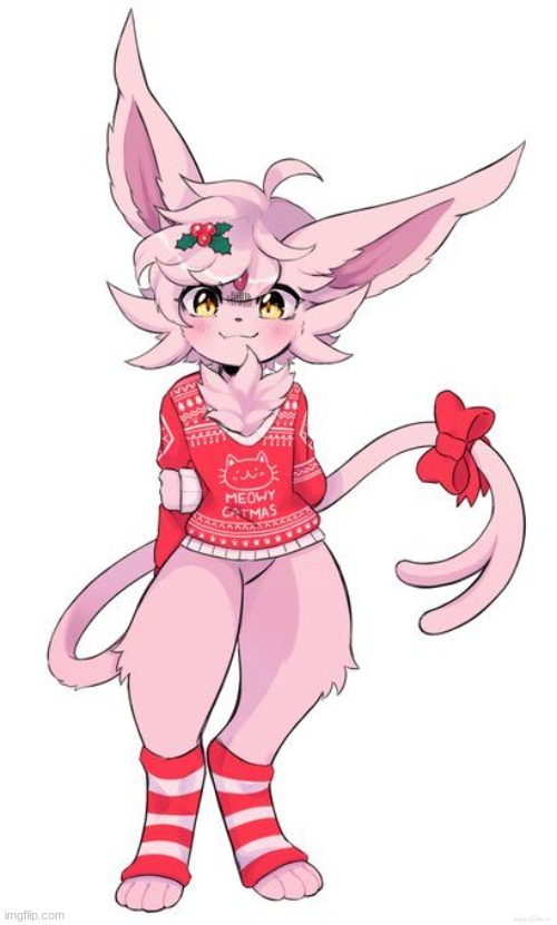 HELP I WAS FORCED INTO THIS OUTFIT | image tagged in christmas espeon | made w/ Imgflip meme maker