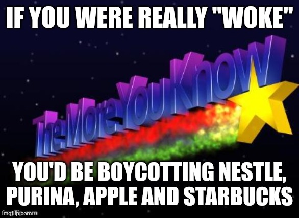 the more you know | IF YOU WERE REALLY "WOKE"; YOU'D BE BOYCOTTING NESTLE, PURINA, APPLE AND STARBUCKS | image tagged in the more you know | made w/ Imgflip meme maker