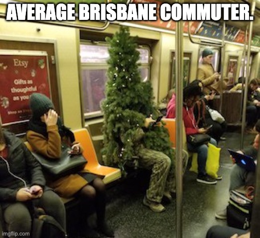 Average Brisbane Commuter | AVERAGE BRISBANE COMMUTER. | image tagged in man in christmas tree costume on subway | made w/ Imgflip meme maker