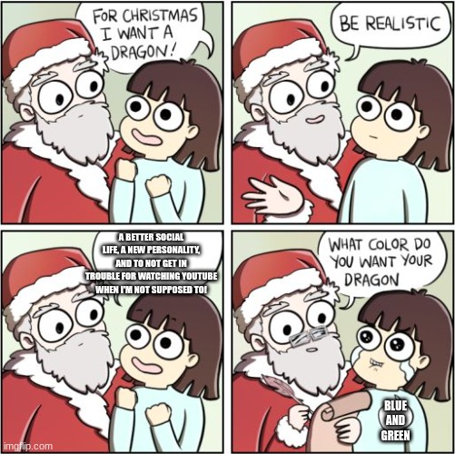 i am being realistic SANTA! | A BETTER SOCIAL LIFE, A NEW PERSONALITY, AND TO NOT GET IN TROUBLE FOR WATCHING YOUTUBE WHEN I'M NOT SUPPOSED TO! BLUE AND GREEN | image tagged in for christmas i want a dragon | made w/ Imgflip meme maker