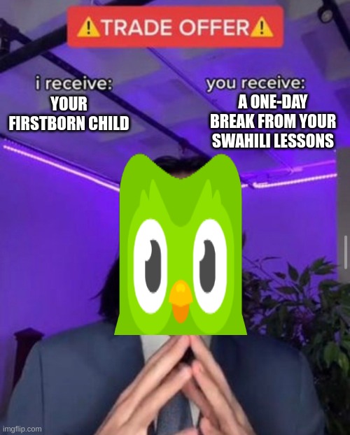 i receive you receive | A ONE-DAY BREAK FROM YOUR SWAHILI LESSONS; YOUR FIRSTBORN CHILD | image tagged in i receive you receive | made w/ Imgflip meme maker