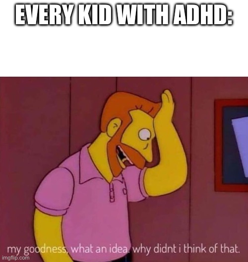 my goodness what an idea why didn't I think of that | EVERY KID WITH ADHD: | image tagged in my goodness what an idea why didn't i think of that | made w/ Imgflip meme maker