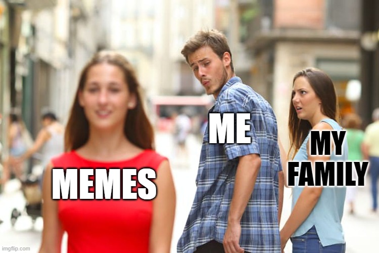 memes | ME; MY FAMILY; MEMES | image tagged in memes,distracted boyfriend | made w/ Imgflip meme maker