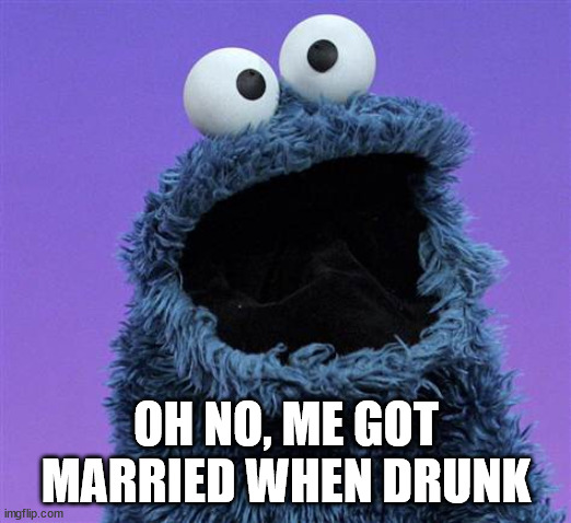 cookie monster | OH NO, ME GOT MARRIED WHEN DRUNK | image tagged in cookie monster | made w/ Imgflip meme maker