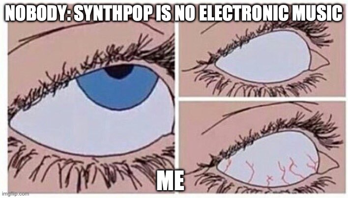 eye roll | NOBODY: SYNTHPOP IS NO ELECTRONIC MUSIC; ME | image tagged in eye roll | made w/ Imgflip meme maker