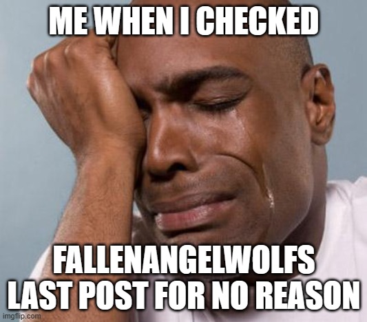 black man crying | ME WHEN I CHECKED FALLENANGELWOLFS LAST POST FOR NO REASON | image tagged in black man crying | made w/ Imgflip meme maker