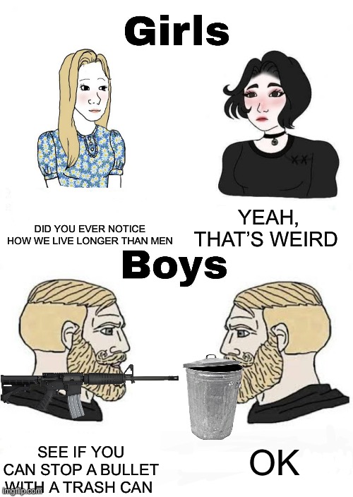 Ah yes, boys | YEAH, THAT’S WEIRD; DID YOU EVER NOTICE HOW WE LIVE LONGER THAN MEN; OK; SEE IF YOU CAN STOP A BULLET WITH A TRASH CAN | image tagged in girls vs boys | made w/ Imgflip meme maker