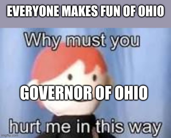 OHIO | EVERYONE MAKES FUN OF OHIO; GOVERNOR OF OHIO | image tagged in why must you hurt me in this way,ohio | made w/ Imgflip meme maker