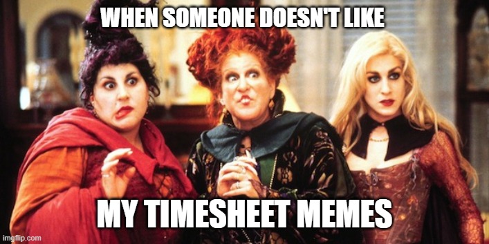 Witch timesheet | WHEN SOMEONE DOESN'T LIKE; MY TIMESHEET MEMES | image tagged in hocus pocus,timesheet reminder | made w/ Imgflip meme maker