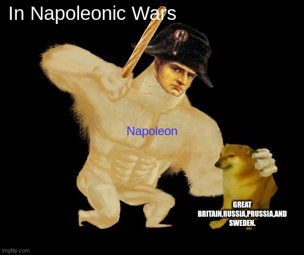 The Napoleonic Wars | In Napoleonic Wars; Napoleon; GREAT BRITAIN,RUSSIA,PRUSSIA,AND SWEDEN. | image tagged in buff doge punching cheems | made w/ Imgflip meme maker