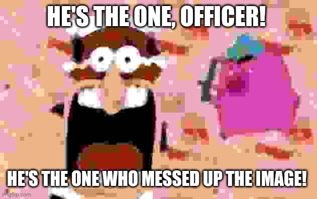 why did you do it | HE'S THE ONE, OFFICER! HE'S THE ONE WHO MESSED UP THE IMAGE! | image tagged in he's the one officer,pizza tower,low quality meme,you crazy son of a bitch you did it | made w/ Imgflip meme maker