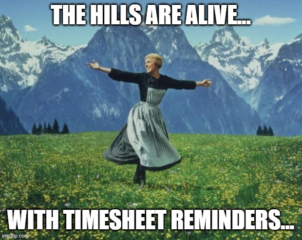 Hills are Alive with Timesheet Reminders | THE HILLS ARE ALIVE... WITH TIMESHEET REMINDERS... | image tagged in seeing people during final exam - sound of music,timesheet reminder | made w/ Imgflip meme maker