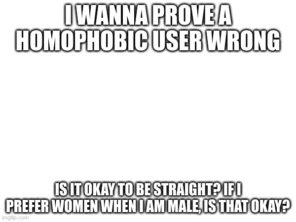 Additionally, is pedophilia a gender? (MOD NOTE: No It Isn't a Gender) | I WANNA PROVE A HOMOPHOBIC USER WRONG; IS IT OKAY TO BE STRAIGHT? IF I PREFER WOMEN WHEN I AM MALE, IS THAT OKAY? | image tagged in serious | made w/ Imgflip meme maker