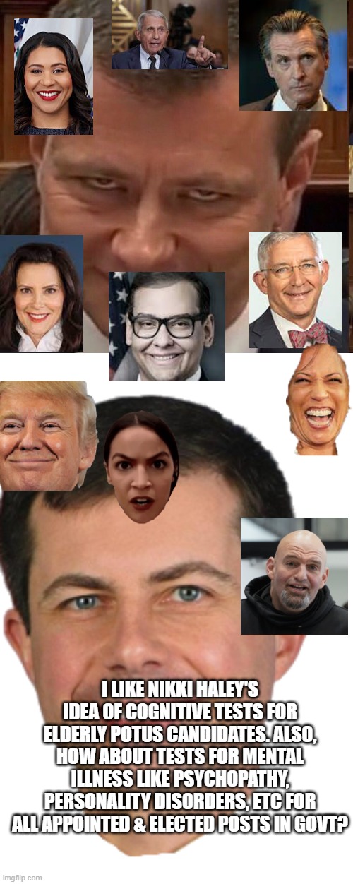 ran out of room / too many others I could've added | I LIKE NIKKI HALEY'S IDEA OF COGNITIVE TESTS FOR ELDERLY POTUS CANDIDATES. ALSO, HOW ABOUT TESTS FOR MENTAL ILLNESS LIKE PSYCHOPATHY, PERSONALITY DISORDERS, ETC FOR ALL APPOINTED & ELECTED POSTS IN GOVT? | image tagged in face of the deep state,pete buttigieg | made w/ Imgflip meme maker