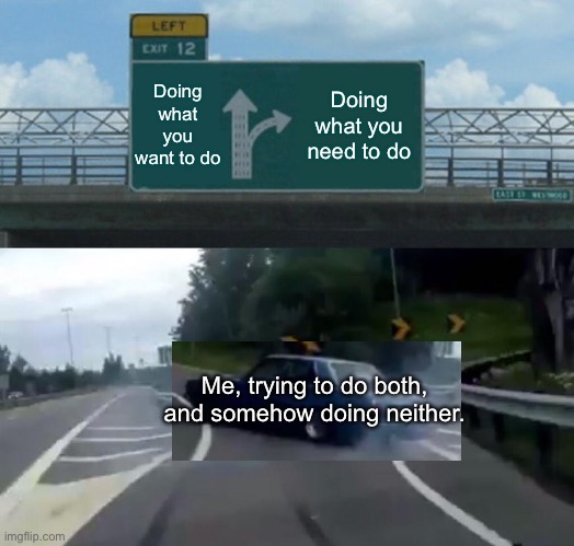 Left Exit 12 Off Ramp | Doing what you want to do; Doing what you need to do; Me, trying to do both, and somehow doing neither. | image tagged in memes,left exit 12 off ramp,funny,adhd | made w/ Imgflip meme maker