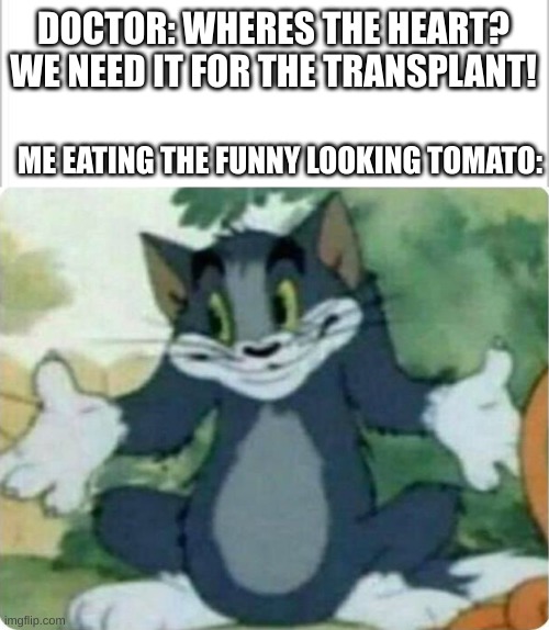 this meme is bad | DOCTOR: WHERES THE HEART? WE NEED IT FOR THE TRANSPLANT! ME EATING THE FUNNY LOOKING TOMATO: | image tagged in white background,tom shrugging,bad memes | made w/ Imgflip meme maker