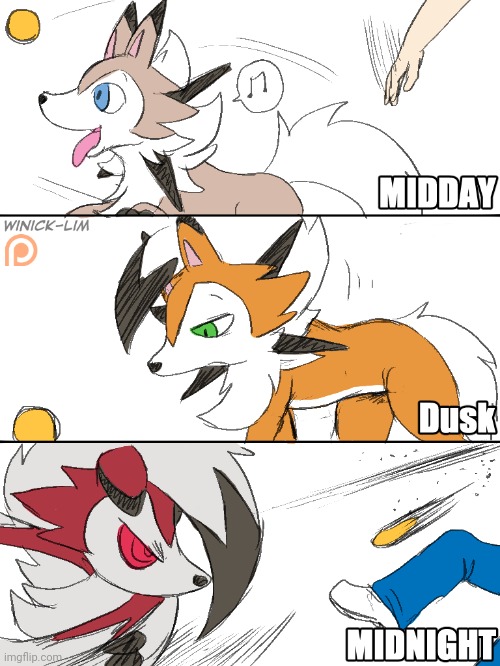 How different forms of lycanroc play ball (artist is in the top left corner of the second panel) | made w/ Imgflip meme maker