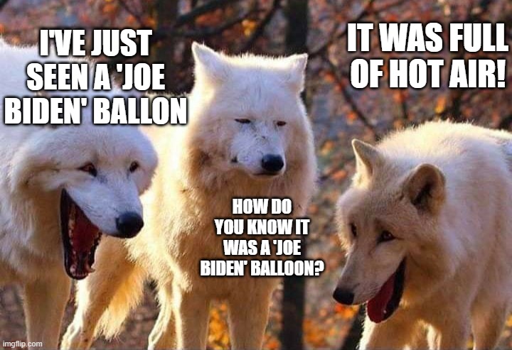Laughing wolf | IT WAS FULL OF HOT AIR! I'VE JUST SEEN A 'JOE BIDEN' BALLON; HOW DO YOU KNOW IT WAS A 'JOE BIDEN' BALLOON? | image tagged in laughing wolf,american politics | made w/ Imgflip meme maker