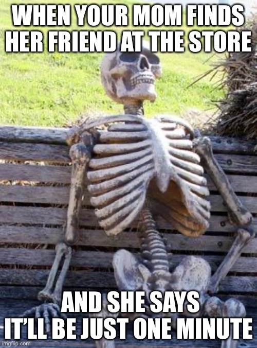 Waiting Skeleton | WHEN YOUR MOM FINDS HER FRIEND AT THE STORE; AND SHE SAYS IT’LL BE JUST ONE MINUTE | image tagged in memes,waiting skeleton | made w/ Imgflip meme maker