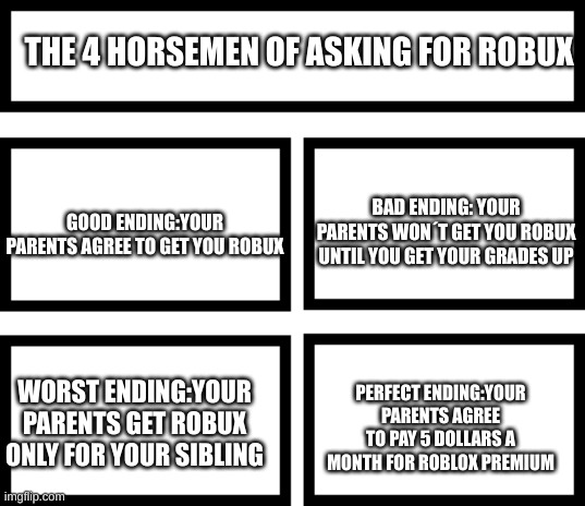 Based on the meme ending videos | THE 4 HORSEMEN OF ASKING FOR ROBUX; BAD ENDING: YOUR PARENTS WON´T GET YOU ROBUX UNTIL YOU GET YOUR GRADES UP; GOOD ENDING:YOUR PARENTS AGREE TO GET YOU ROBUX; PERFECT ENDING:YOUR PARENTS AGREE TO PAY 5 DOLLARS A MONTH FOR ROBLOX PREMIUM; WORST ENDING:YOUR PARENTS GET ROBUX ONLY FOR YOUR SIBLING | image tagged in 4 horsemen of,roblox | made w/ Imgflip meme maker