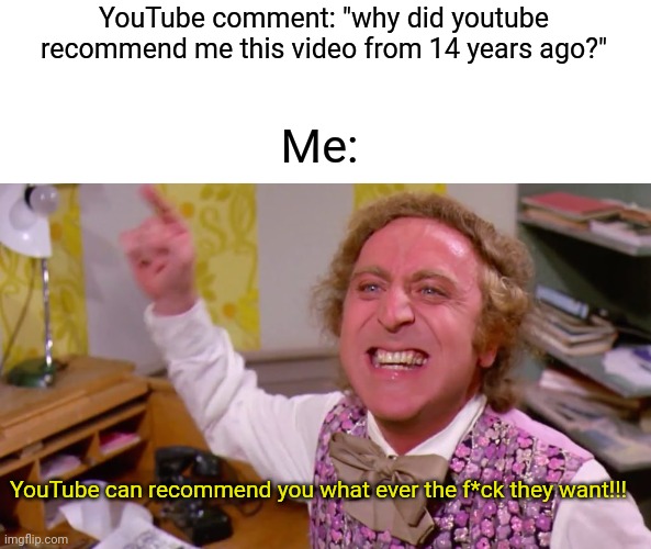 Willy wonka | YouTube comment: "why did youtube recommend me this video from 14 years ago?"; Me:; YouTube can recommend you what ever the f*ck they want!!! | image tagged in youtube,youtube comments | made w/ Imgflip meme maker